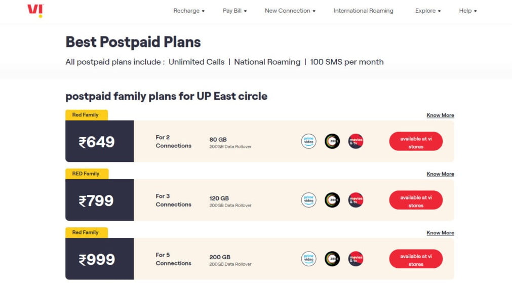 Vi (Vodafone Idea) has revised its entry-level postpaid family plans by Rs. 50.