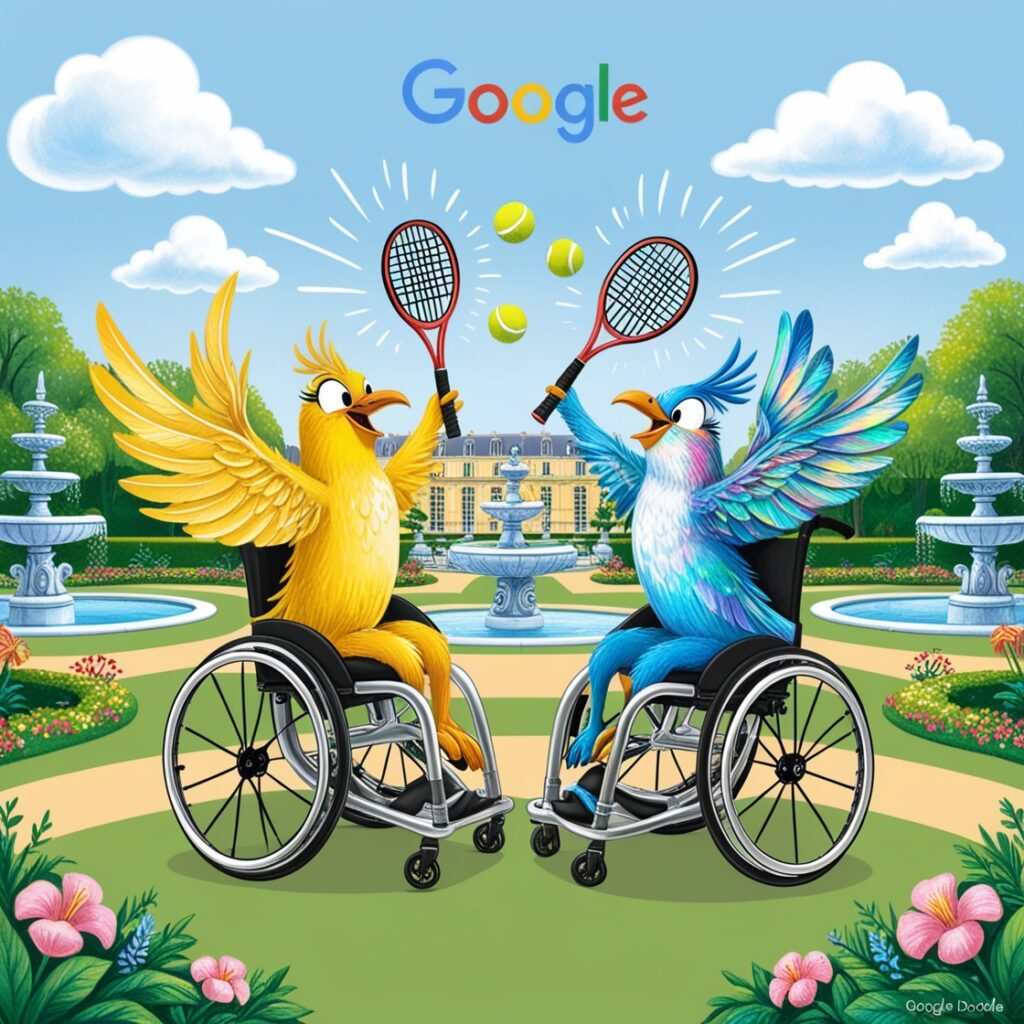 Google Doodle Today, Wheelchair Tennis Paralympics: The doodle shows two birds playing the sport in a wheelchair in a pristine Parisian garden.