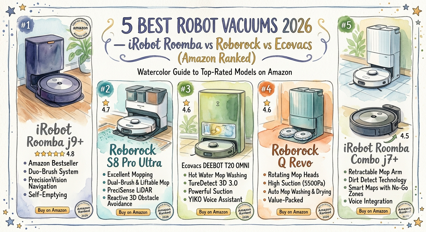 5 Best Robot Vacuums 2026 — iRobot Roomba vs Roborock vs Ecovacs (Amazon Ranked)